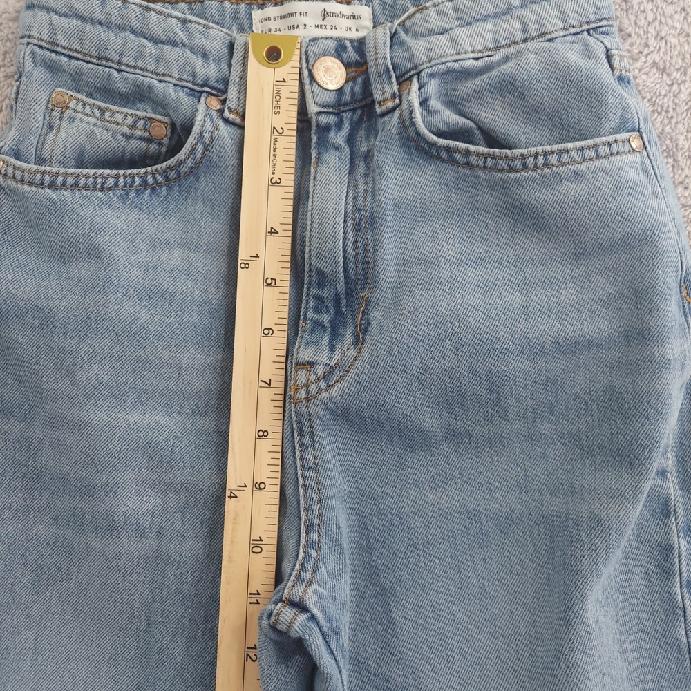Stradivarius Straight Leg Jeans Women Size 2 Light Distressed Raw Hem High Rise - Picture 5 of 12